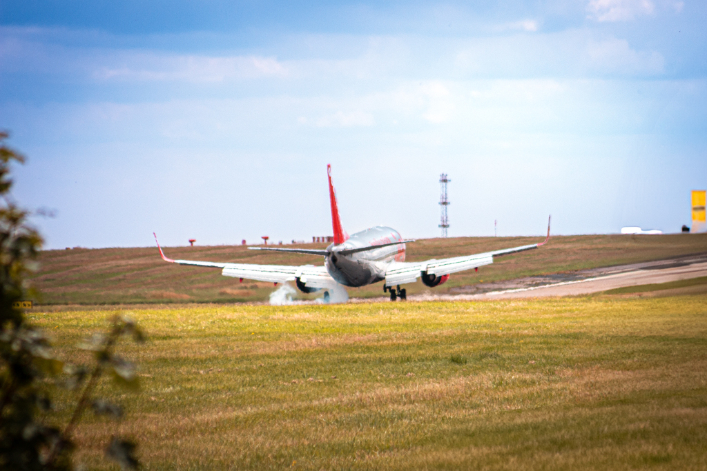 Jet 2 Boeing 737 touching down at Leeds Bradford Airport